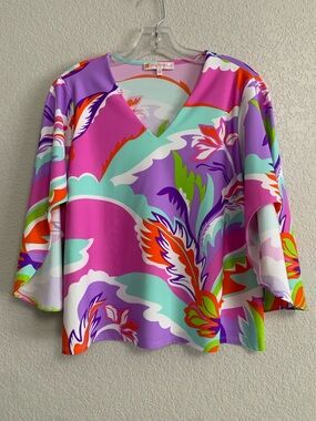 Jude Connolly Blouse Top Womens S Mod Retro Floral Colorful Print Flutter Sleeve